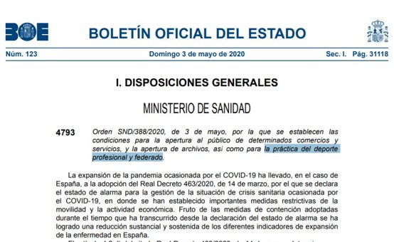 Condiciones de entrenamiento para deportistas profesionales y federados a partir del 4 de mayo